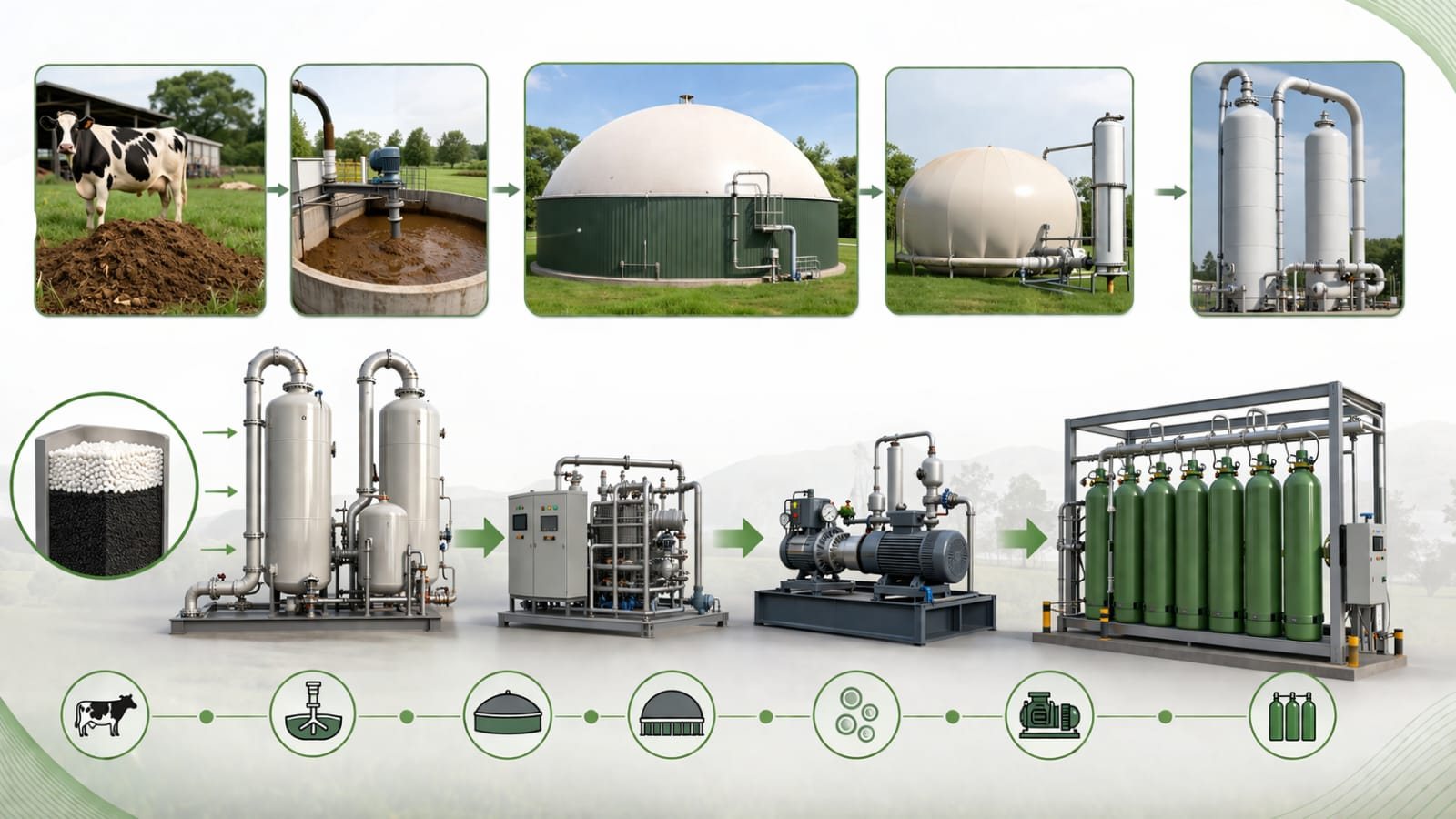 Bio-CNG process flow: digester, purification, compression and cylinder filling